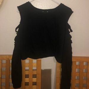 Black Ripped Sleeve Crop Top Sweater